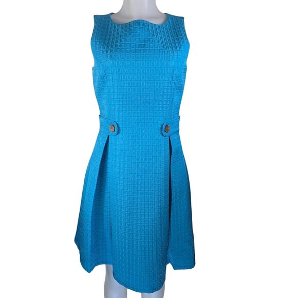 Modcloth Turquoise Flower Button Sixties Signature Retro Pin Up A-Line Dress M - Picture 1 of 7